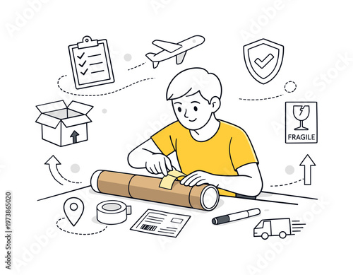 Mailing tube packaging. A person sealing a round mailing tube with tape, clean workspace and floating shipping icons around, sense of preparation and care.