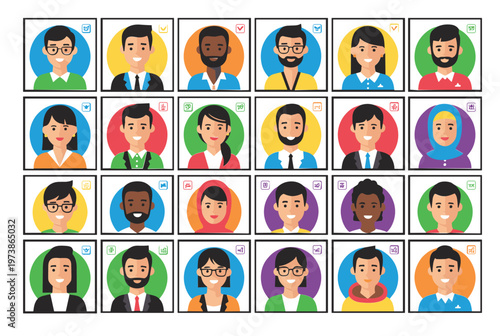 Diverse professional business people avatars in modern flat design style, representing a global team, social network users, or online community for business applications, isolated on white