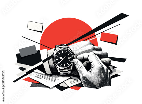 Black and white hand adjusting a wristwatch placed over scattered papers, oversized red circular halo behind the watch face, dynamic diagonal lines crossing