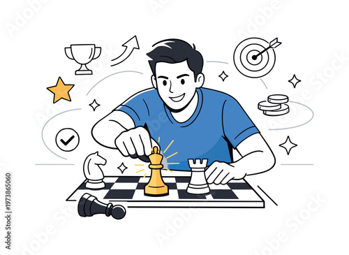 Winning Tactics. Player confidently placing a final move, key piece highlighted, sense of clarity and momentum. Stars and minimal icons floating to show