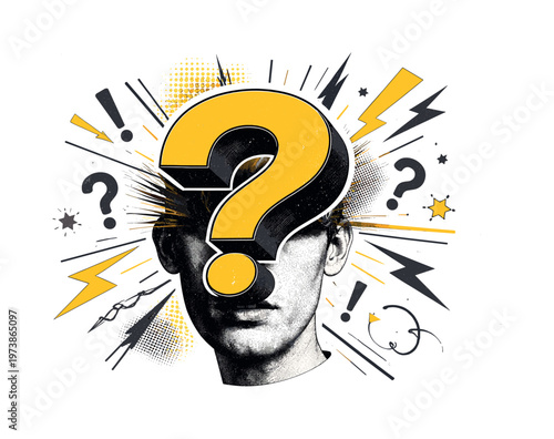A surreal reaction illustration with a black and white human face partially obscured by an oversized geometric question mark, retro photographic look, accent
