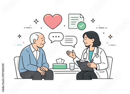 End-of-Life Care Ethics. A calm scene with a professional and a patient discussing care options, conveying empathy and thoughtful decision-making. Soft