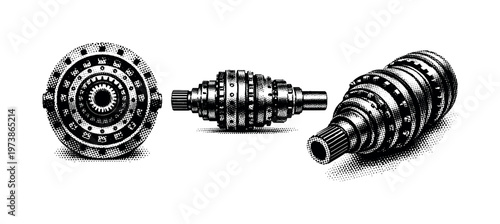 Airplane turbine shaft assembly A realistic turbine shaft assembly with central axle and coupling details, displayed in three views such as straight-on view,