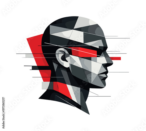 A conceptual vector portrait showing a side-profile human head built from geometric planes, monochrome base with red accent shapes, layered abstract blocks and