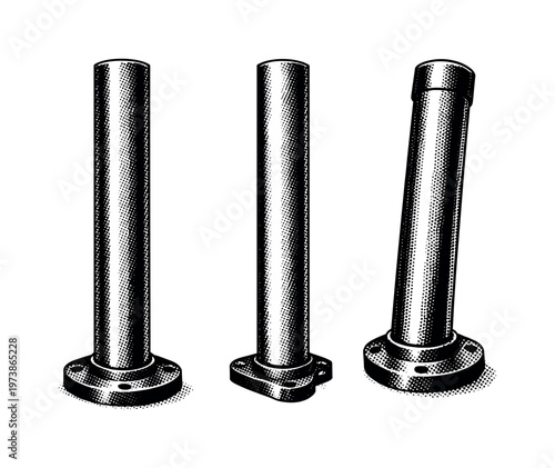 Drill press column A cylindrical vertical column with smooth metal surface and mounting flange shown in three perspectives. Black and white dot style with