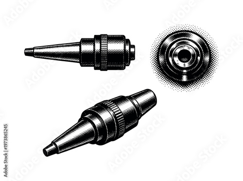 Drill press spindle A rotating spindle shaft with tapered end shown in three orientations emphasizing cylindrical precision and alignment. Black and white dot