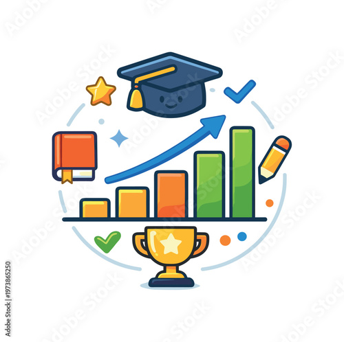 Student progress charts illustrating academic growth through clear visual milestones and positive momentum. A compact educational badge built around a simple