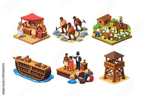 Slavery history. Isometric flat vector icons set of slavery history: ancient slave market scene, chained labor workers, plantation field labor setup, slave