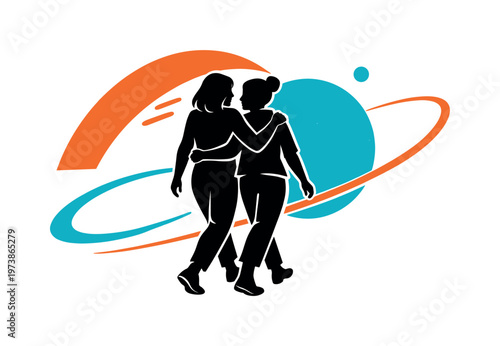Side-view silhouettes of best friends walking arm in arm, black and white figures with white outline, oversized abstract shapes and curved lines in orange and
