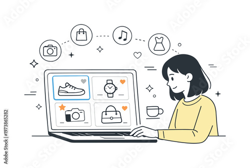 E-commerce personalization. A user browsing an online shop with product cards adapting to their preferences, subtle highlights showing tailored