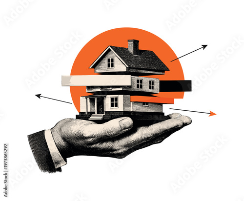 A monochrome vintage hand holding a small house model, fragmented into layered cut-out pieces, intersected by abstract rectangular blocks and a large orange