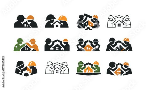 soldiers and civilians working together to rebuild after a war. Icon set. Set Logo of soldiers and civilians working together to rebuild after a war: helmet