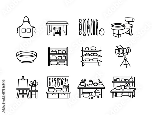 Ceramic Artist Workspace. Line icon set of Ceramic Artist Workspace: artist apron, worktable, clay tools set, pottery wheel setup, water bowl, storage shelves,