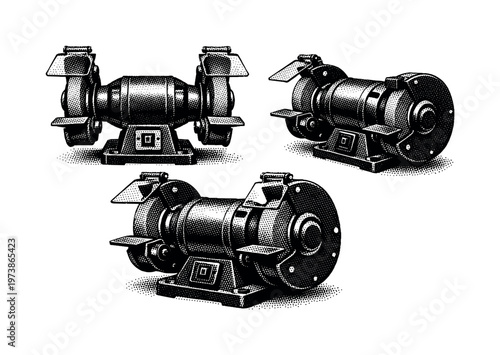 bench grinder machine A dual-wheel bench grinder presented in three perspectives showing the grinding wheels, motor casing, and tool rests with industrial