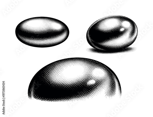 Pearl freshwater pearl shown in oval profile, rotated angle view, and close-up detail view as the same pearl with soft contours and realistic volume. Black and