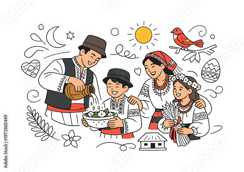 Cultural heritage moments. Family dressed in traditional outfits recreating a festive ritual, gentle laughter and shared pride filling the scene. Decorative