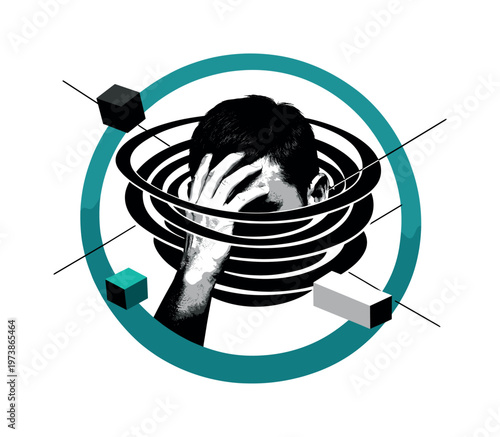 black and white cut-out hand touching forehead in a gesture of overthinking, layered spiral rings expanding outward like a vortex, bold teal circular frame