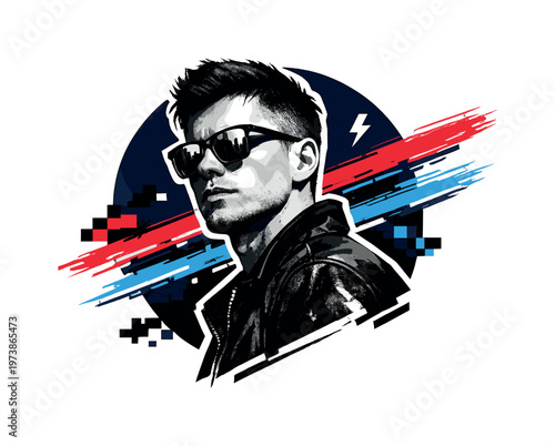 Black and white urban portrait in three-quarter view wearing reflective sunglasses, crisp cut-out layering with white outline, deep navy circular backdrop
