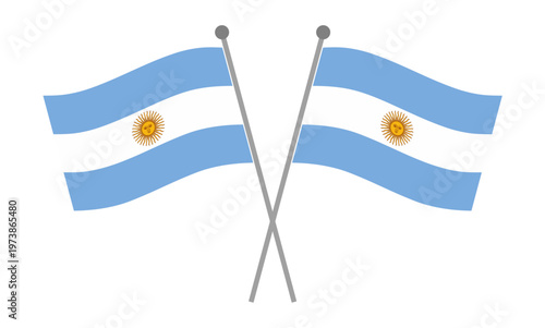 Argentina national flags crossed in elegant composition, light blue white and light blue stripes with sun emblem waving, simple modern vector illustration isolated on white background