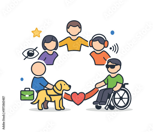 Inclusive office culture symbolized by a group of simplified figures with varied assistive icons like wheelchair, audio and visual aids forming a unified