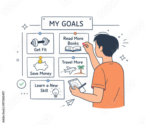 Goal Setting Process. A character reviewing and pinning personal goals onto a structured board, combining text labels and simple visuals. Friendly