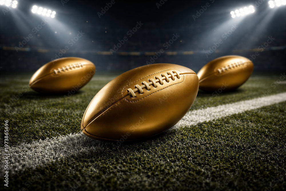 Fototapeta premium Golden Footballs On Illuminated Stadium Field