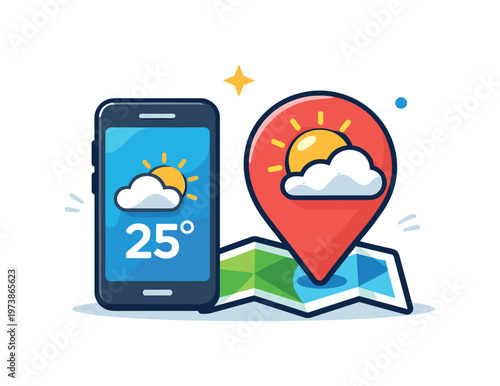 Weather forecast app expressing location-based accuracy, a phone display combined with a map pin and weather symbol forming a clear metaphor of local