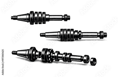 milling machine arbor A horizontal milling arbor depicted in front, side, and exploded-like angled views focusing on spacers, shaft, and mounting ends. Black