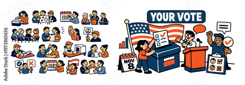 Your vote isometric composition with election and democracy icons, ballot box elements, civic participation symbols, political campaign tools, and public voting concept. Colorful vector-style set for 