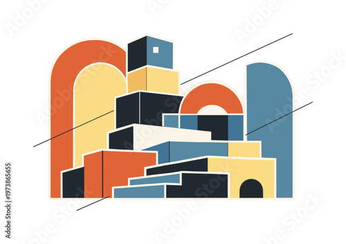Mid century modern poster with bold arc shapes and stacked geometric blocks forming an abstract architectural silhouette, limited retro palette of terracotta,