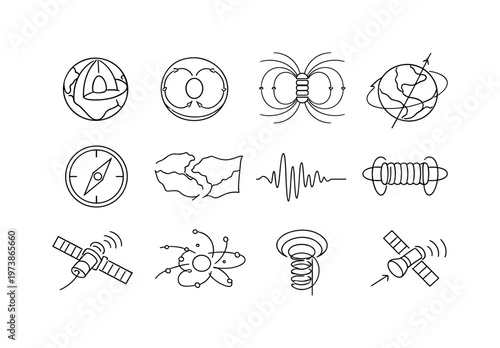 Geomagnetic Field and Core Dynamics. Minimalistic set one-line drawing Earth cross section, solid inner core, liquid outer core flow arrows, convection