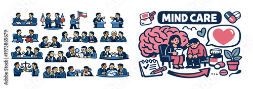 Mind care isometric composition with mental health support icons, brain concept elements, emotional wellness symbols, therapy session scenes, and psychological care theme. Colorful vector-style set fo