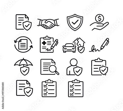 Insurance Policies. Line icon set of Insurance Policies: insurance document, policy agreement, coverage shield, premium payment, policy renewal, insurance