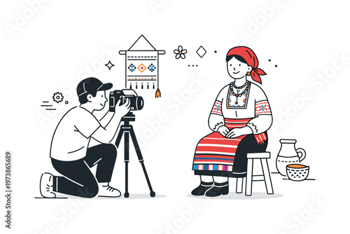 Folklore Portrait Session. A person posing in traditional attire while a photographer adjusts camera settings, quiet focused interaction. Gentle mood of