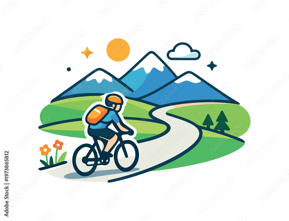 Fototapeta premium Scenic bike route a cyclist follows a gently curving path through fields and distant mountains, emphasizing discovery and appreciation of scenic landscapes.