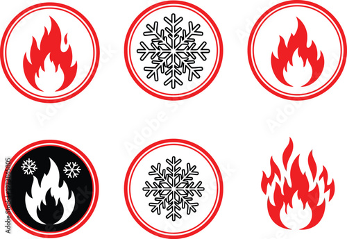 Contrasting symbols of fire and snowflakes in circular badges Vector