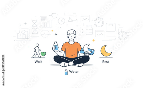 Health optimization overload balanced approach. A person choosing a few simple habits like walking, water, and rest, while excess data fades into the