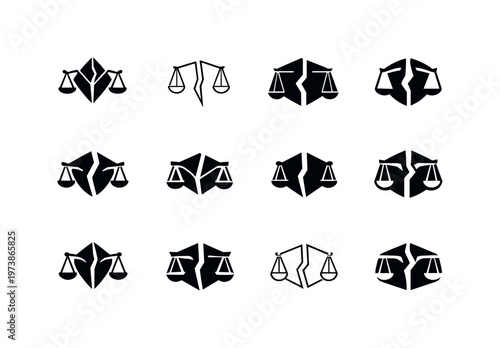 Ethical dilemmas. Icon set. Set Logo of Ethical dilemmas: broken symmetry symbol. harmonious logo variations of the same emblematic concept, each