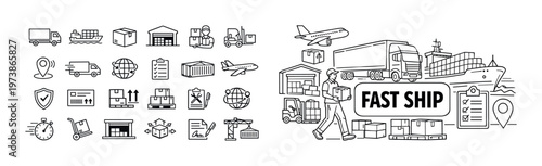 Fast ship line icon composition with cargo delivery symbols, freight transport elements, airplane, container vessel, and express shipping concept. Minimal outline collection for logistics, internation