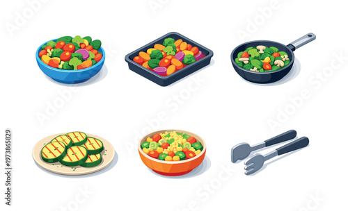 Cooked Salads. Isometric flat vector icons set of cooked salads: warm vegetable salad bowl, roasted vegetables tray, saute pan with greens, grilled zucchini
