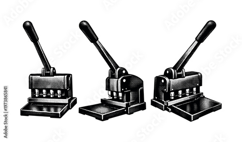 Paper punch machine A heavy-duty paper punch machine with extended lever arm and base tray is depicted in three views: front, side, and perspective angle,