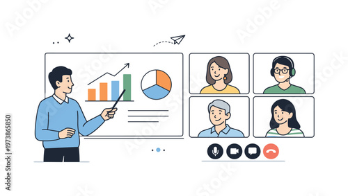 Remote presentation sharing. One speaker presents slides during a video meeting while others listen attentively in small windows. Clean interface with simple