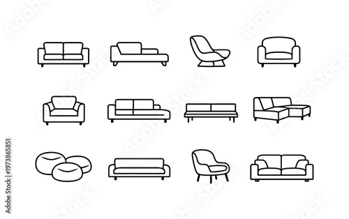 Contemporary Seating. Line icon set of Contemporary Seating: modern couch, lounge sofa, designer seating, casual seating, compact seating, open plan sofa,