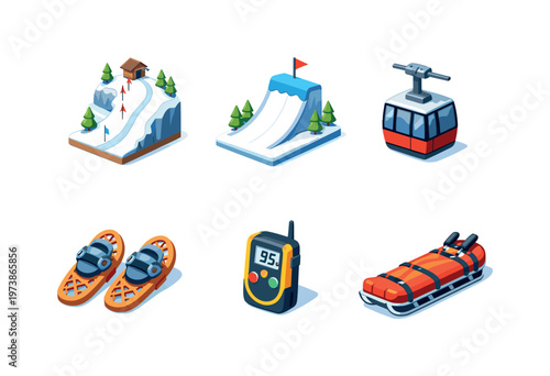 Winter Sports. Isometric flat vector icons set of winter sports: ski slope, snowboard jump, ski lift cabin, snowshoes, avalanche beacon, mountain rescue sled.