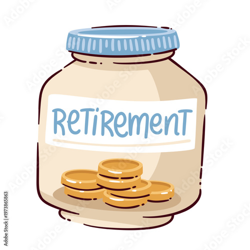 Retirement savings jar with coins inside, showing long term money reserve, pension planning and future security. A practical symbol of personal planning for retirement goals, vector illustration.