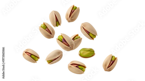 A bunch of pistachios floating in the air on transparent background