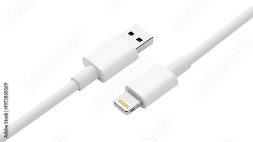 A white iPhone charging cable with USB connector on transparent background