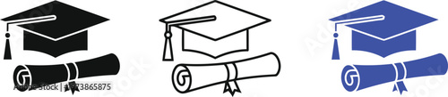 Three graduation caps and diplomas in different color styles Vector