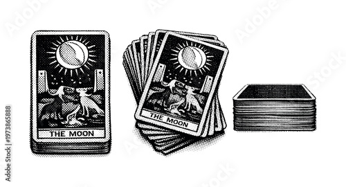 Tarot card deck A realistic tarot card deck with uniform rectangular cards, worn edges, and consistent thickness, shown in three views including stacked front