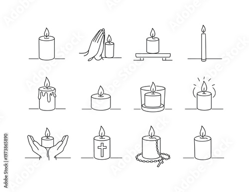 Candle in Prayer. Minimalistic set one-line drawing lit prayer candle, candle with flame, hands praying beside candle, candle on altar, single tall taper